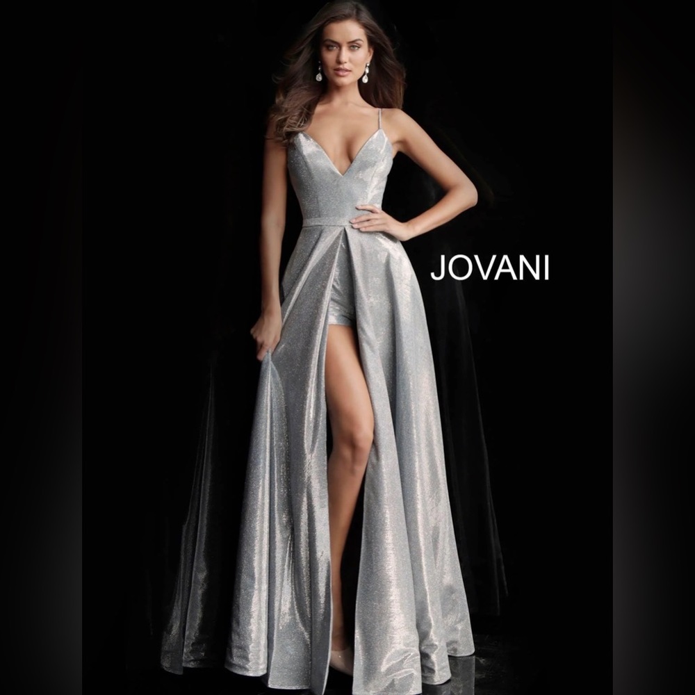 New w/ tags Silver Jovani romper/shorts with over skirt formal gown